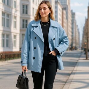 Gentle Herd Cropped Trench Coat Baby Blue Cotton Oversized Soft Tailoring L